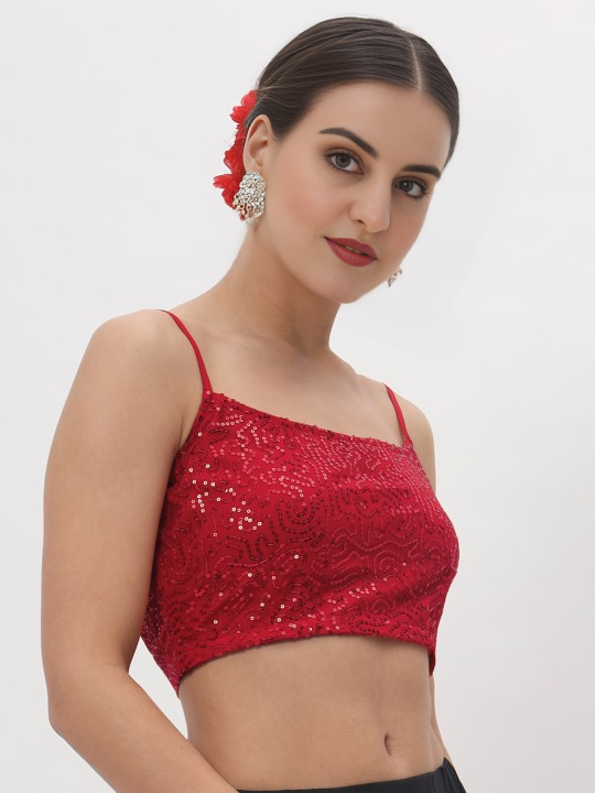 red embroidered spaghetti sequinned net blouse round neck sleeveless | 804
