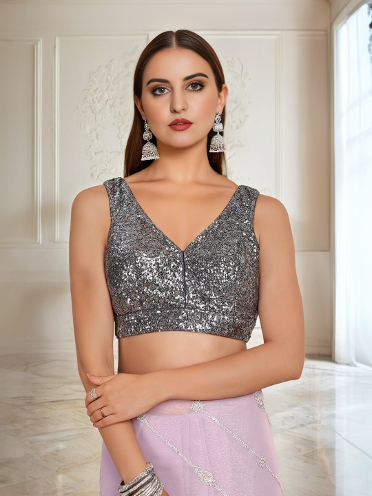 grey embellished v-neck sleeveless net women blouse for party | 805