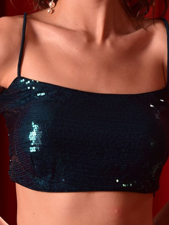 blue embellished net u neck spaghetti zip closure blouse for party | 807