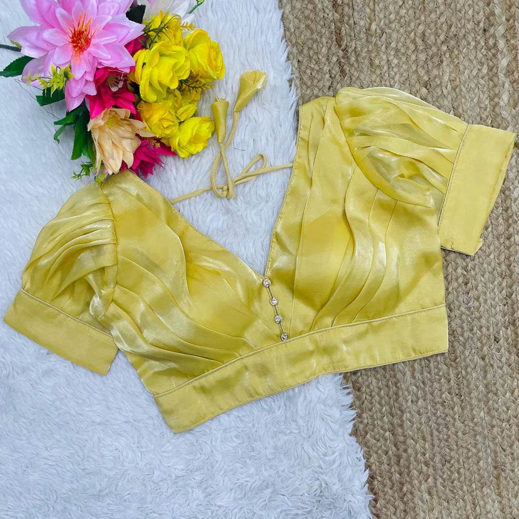 yellow fashionable puff sleeve v neck jimmy choo blouse for party | 808