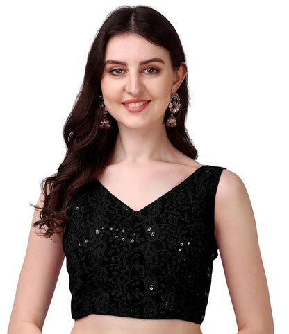 Glamorous Georgette Chikankari Sleeveless V Neck Black Blouse for Festival | 1095