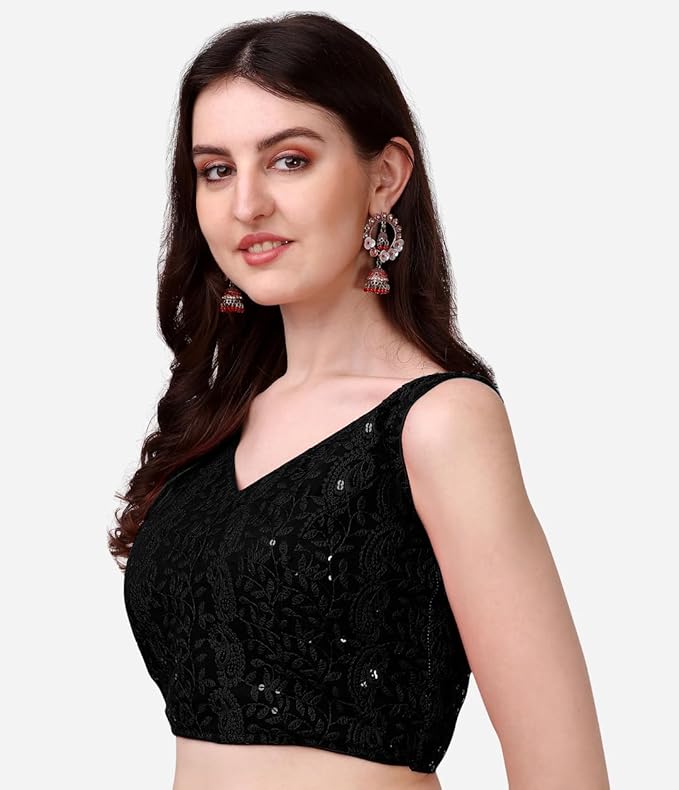 glamorous georgette chikankari sleeveless v neck black blouse for festival | 1095