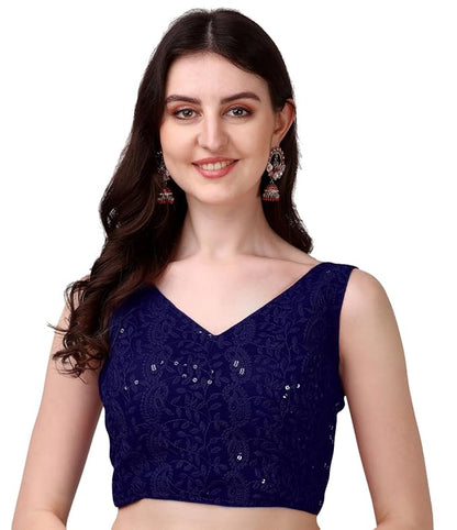 Glamorous Georgette Chikankari Sleeveless V Neck Navyblue Blouse for Festival | 1095