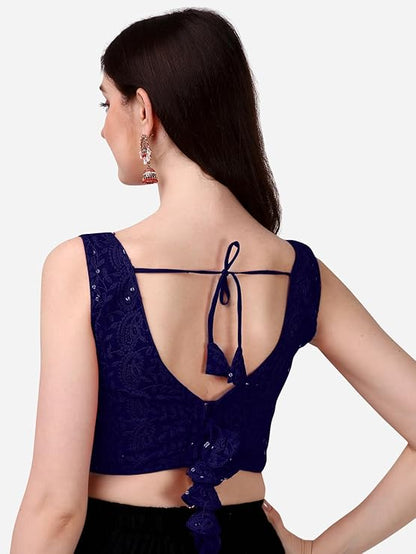 Glamorous Georgette Chikankari Sleeveless V Neck Navyblue Blouse for Festival | 1095