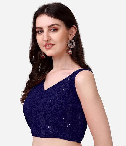 Glamorous Georgette Chikankari Sleeveless V Neck Navyblue Blouse for Festival | 1095