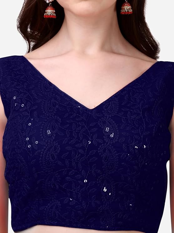 glamorous georgette chikankari sleeveless v neck navyblue blouse for festival | 1095