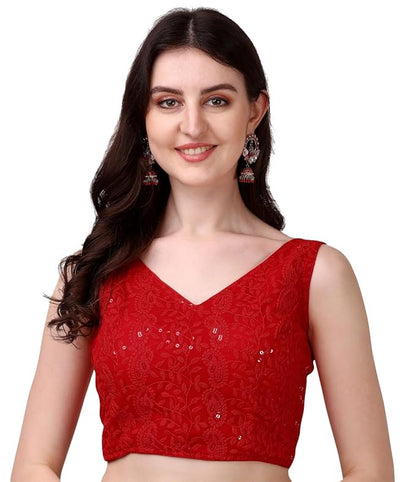 Glamorous Georgette Chikankari Sleeveless V Neck Red Blouse for Festival | 1095