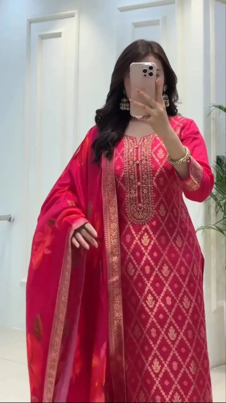 1305 banarasi silk kurti pant dupatta set for festive wear (pink)