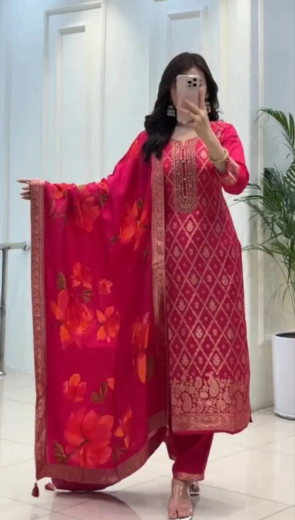 1305 Banarasi Silk Kurti Pant Dupatta Set for Festive Wear (Pink)