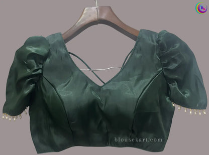 Designer Organza Short Puff Sleeve Square Neck Green Blouse for Festive | 1691