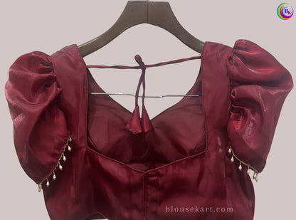 Designer Organza Short Puff Sleeve Square Neck Maroon Blouse for Festive | 1691
