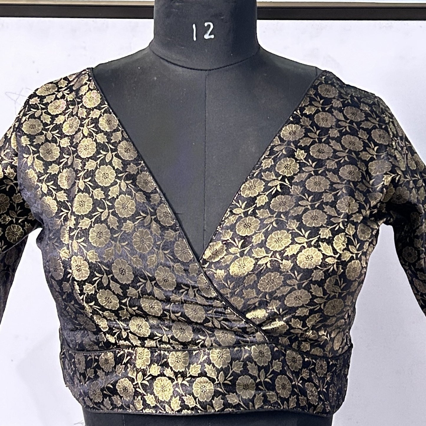 Blousekart Trendy Silk Front Belt Blouse with Cross V-Neck Floral Design and 3/4 Sleeves - Perfect for Parties, Nights Out, and Special Occasions