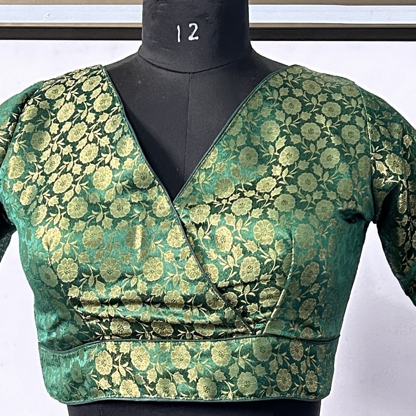 Blousekart Trendy Silk Front Belt Blouse with Cross V-Neck Floral Design and 3/4 Sleeves - Perfect for Parties, Nights Out, and Special Occasions