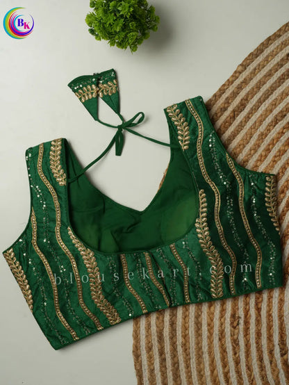 Fancy Sleeveless Round Neck Embroidery Silk Saree Green Blouse | 1803