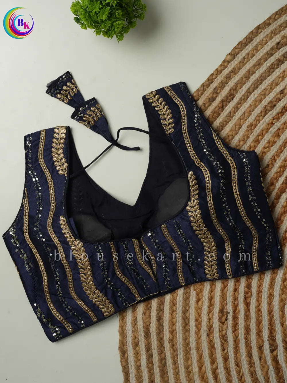 fancy sleeveless round neck embroidery silk saree navy blue blouse | 1803