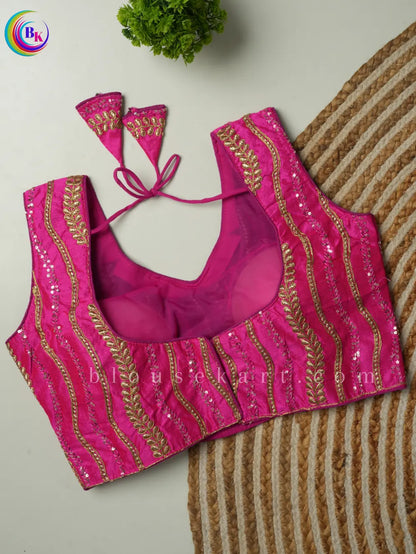 Fancy Sleeveless Round Neck Embroidery Silk Saree Pink Blouse | 1803