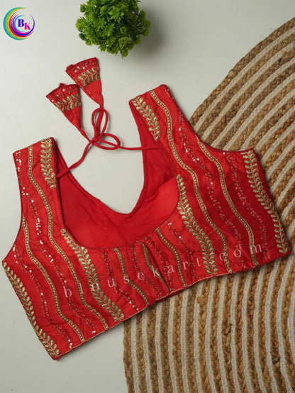 Fancy Sleeveless Round Neck Embroidery Silk Saree Red Blouse | 1803