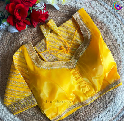 Trendy Organza Embroidery Heavy Work Short Sleeve Sweetheart Neck Yellow Blouse for Wedding | 2960