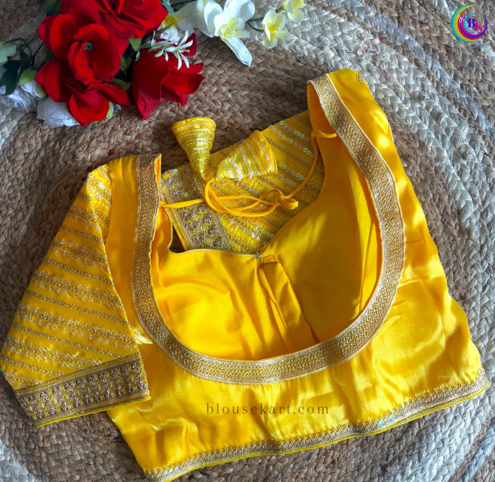 trendy organza embroidery heavy work short sleeve sweetheart neck yellow blouse for wedding | 2960