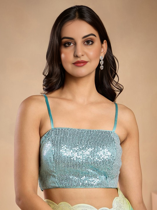 Green Embellished Squarer Neck Sleeveless Zip Closure Net Party Blouse | 803