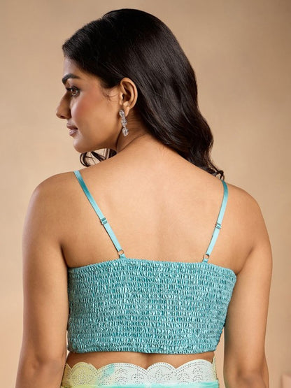 Green Embellished Squarer Neck Sleeveless Zip Closure Net Party Blouse | 803