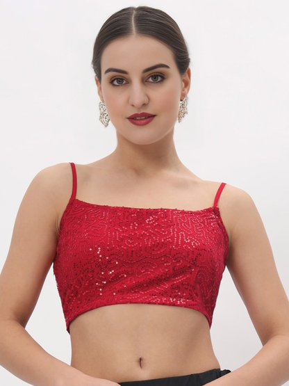 Red Embroidered Spaghetti Sequinned Net Blouse Round Neck Sleeveless | 804