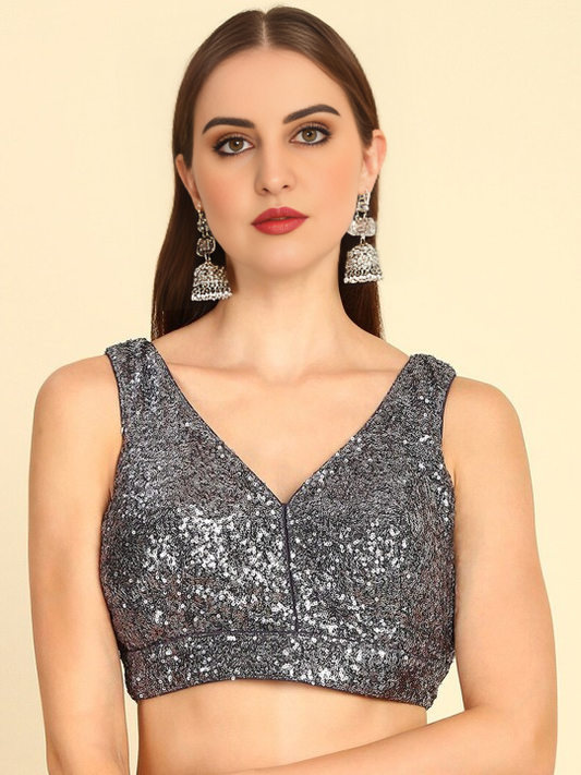 Grey Embellished V-neck Sleeveless Net Women Blouse for Party | 805