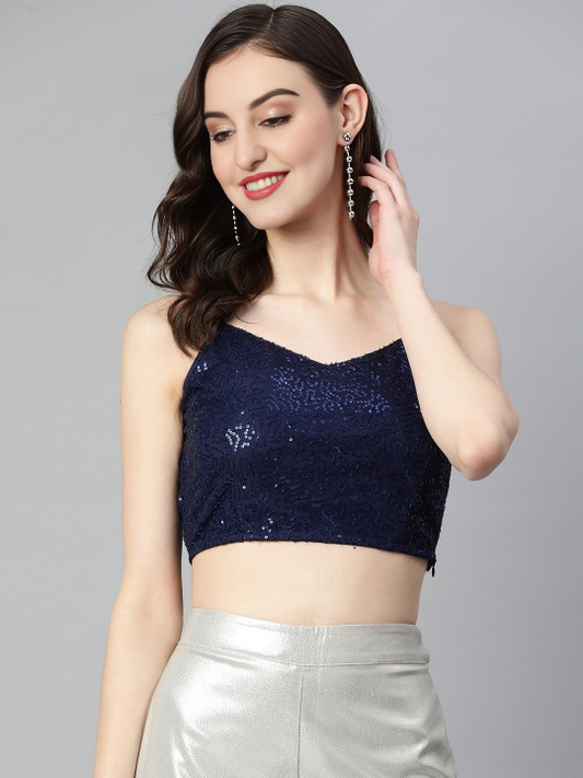 Navy Blue Net Sequinned Embellished Saree Blouse Shoulder Straps Zip Closure | 806