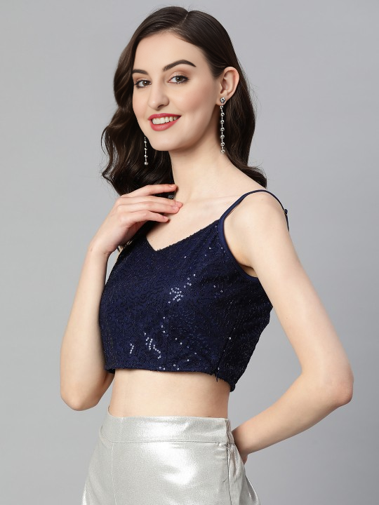 navy blue net sequinned embellished saree blouse shoulder straps zip closure | 806
