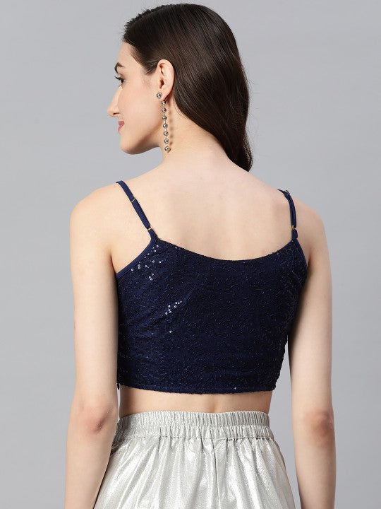 navy blue net sequinned embellished saree blouse shoulder straps zip closure | 806