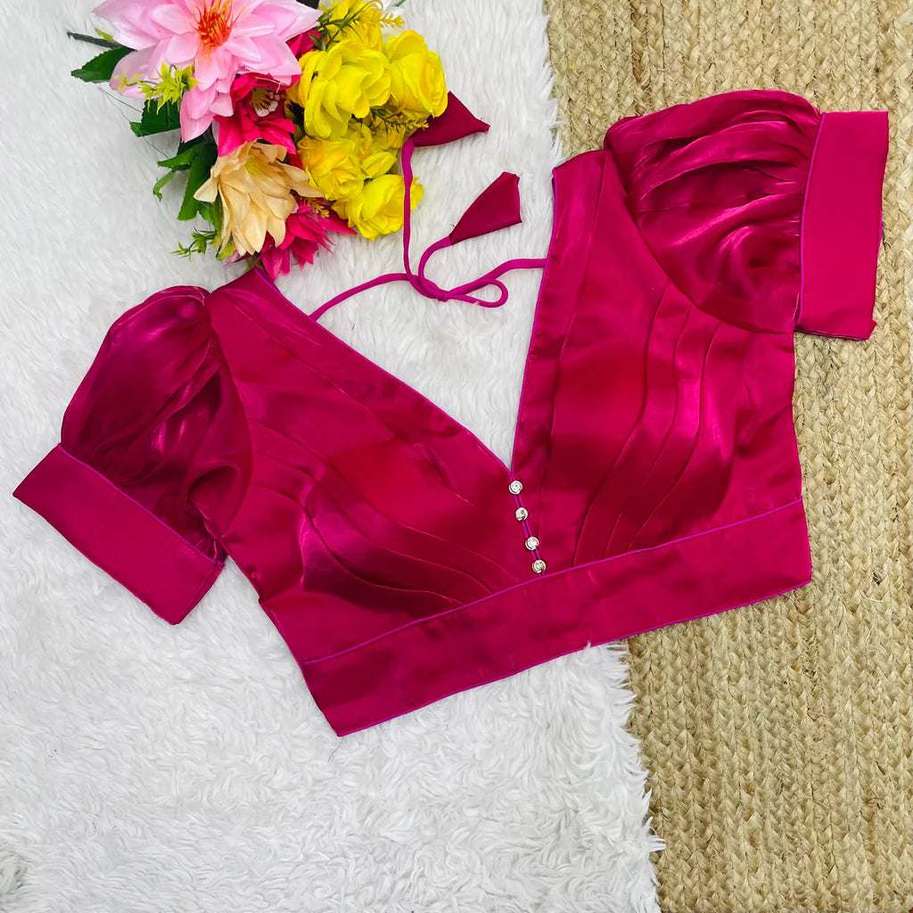 pink fashionable puff sleeve v neck jimmy choo blouse for party | 808